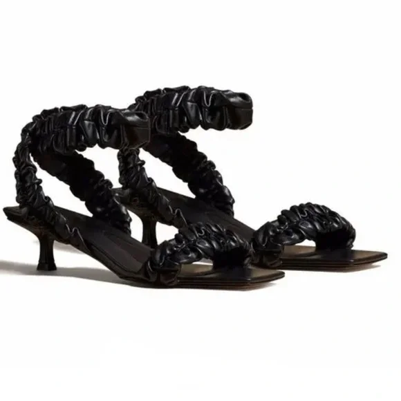 KHAITE Lexington Ruched Black Lambskin Leather Sandals